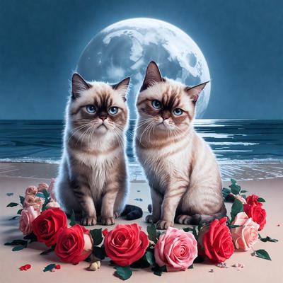 The primary subject of the image is a painting of two cats sitting on a beach. The setting is a beach with a moon in the background, creating a serene and peaceful atmosphere. The visual style is a painting, which gives the image a more artistic and creative appearance. The colors and mood are predominantly pink and white, with the pink roses adding a touch of warmth and softness to the scene.